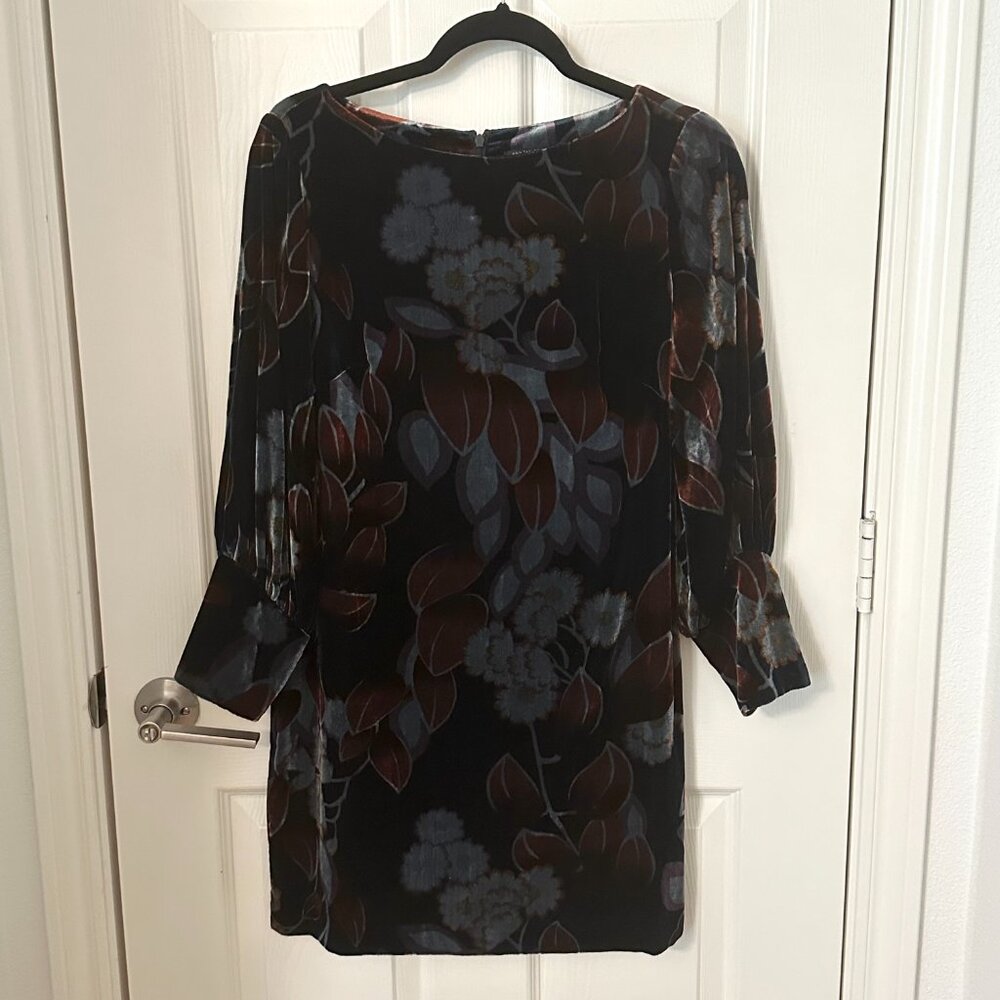 Ann Taylor Crushed Velvet Floral Bishop Sleeve Boat Neck Dress Petite 4P